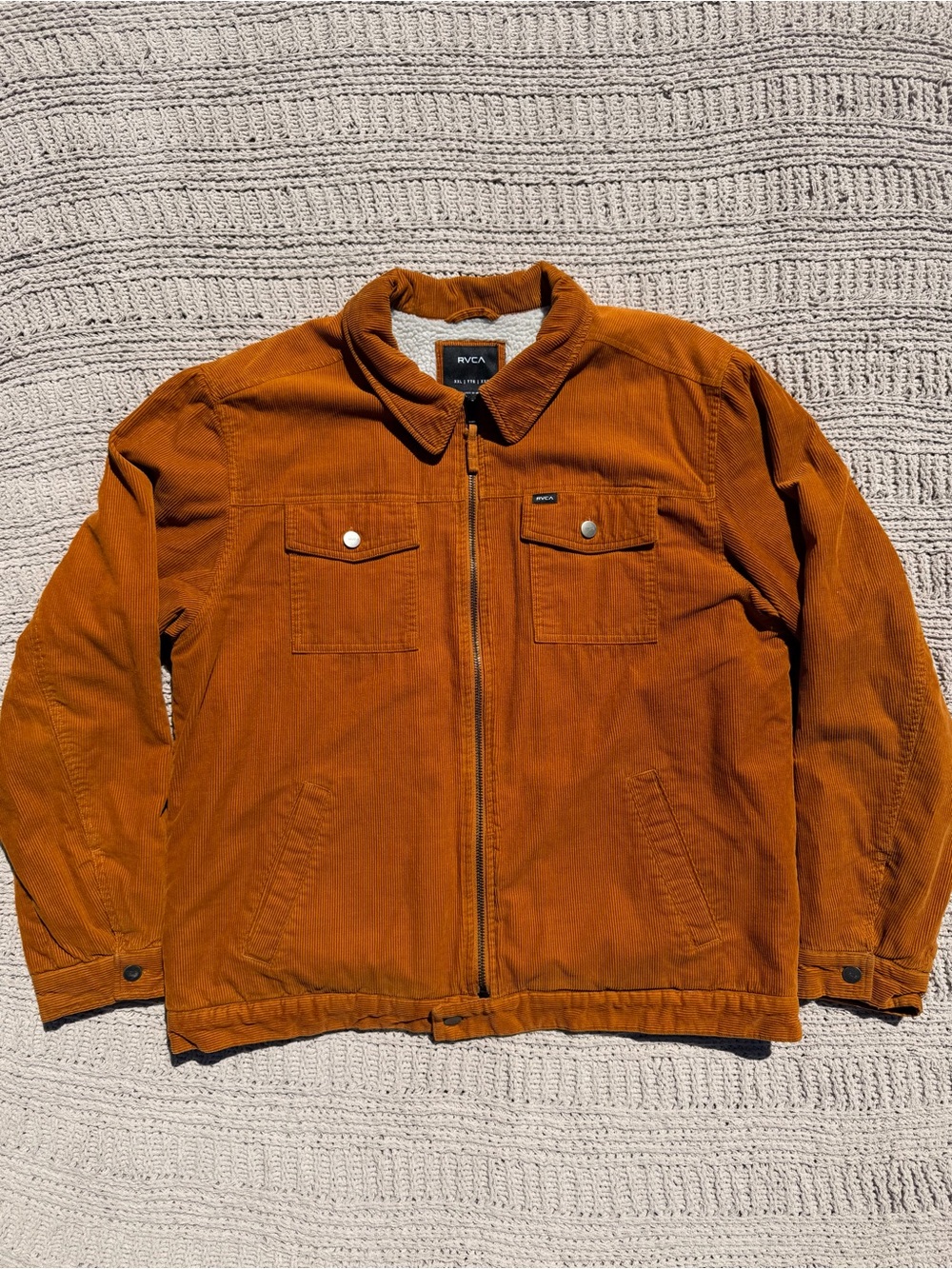 RVCA Men's Corduroy Trucker Sherpa Lined Zip Jacket in Rust Orange